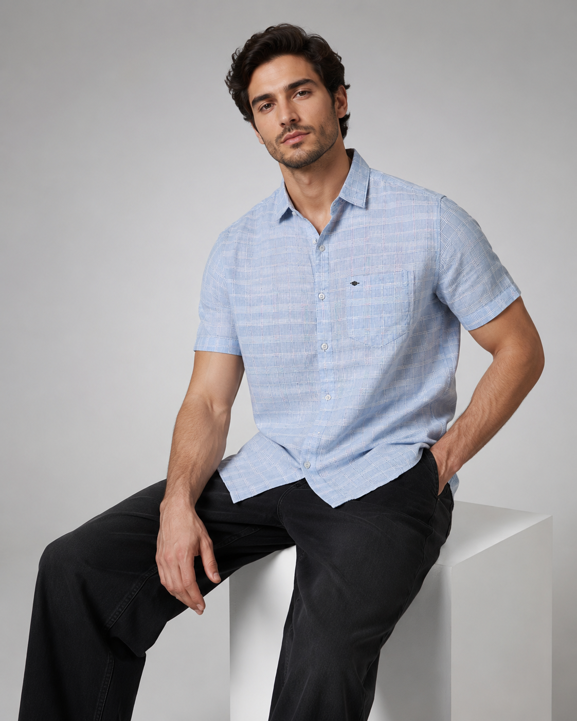 Sky Blue Check Cotton Shirt