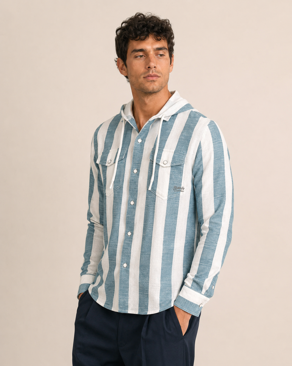 Sky Stripe Hooded Cotton Shirt