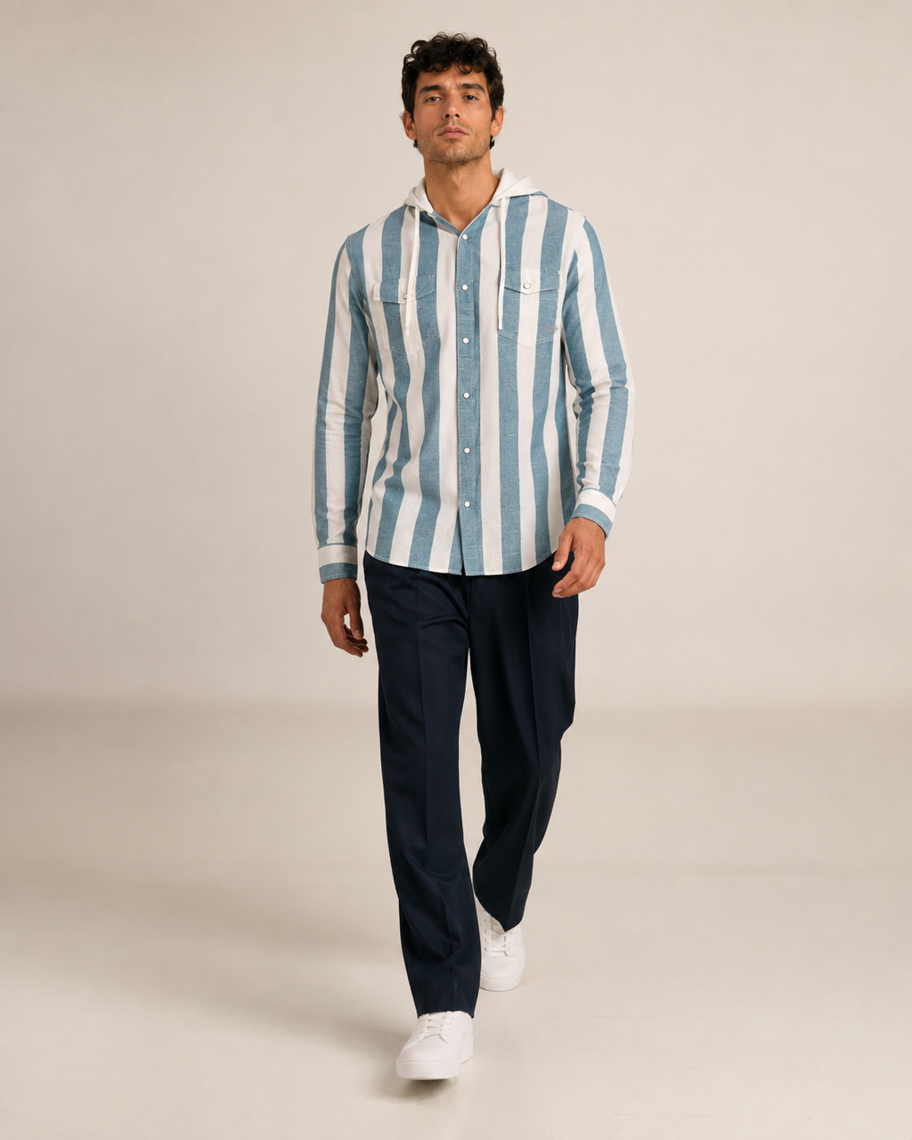 Sky Stripe Hooded Cotton Shirt