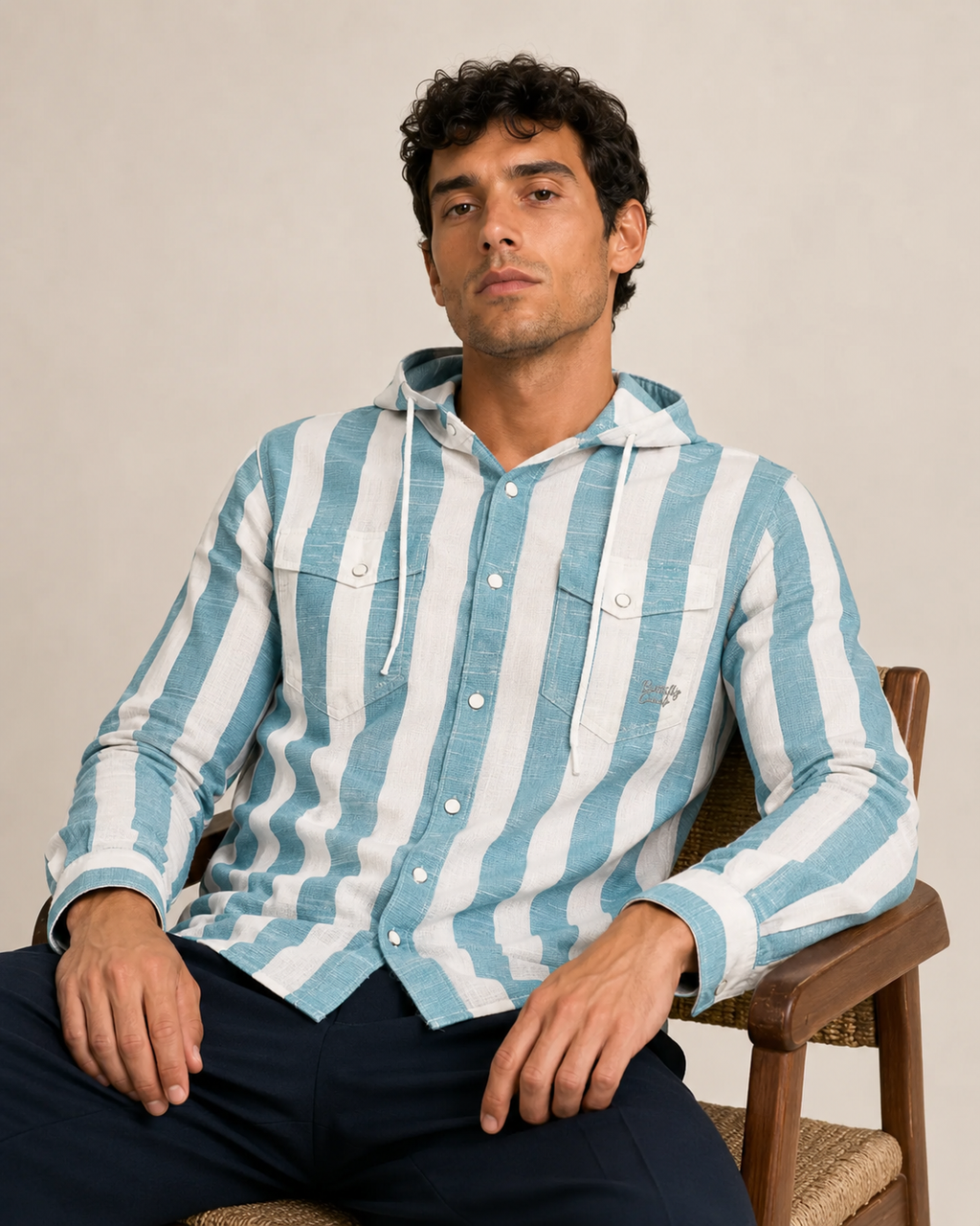 Sky Stripe Hooded Cotton Shirt