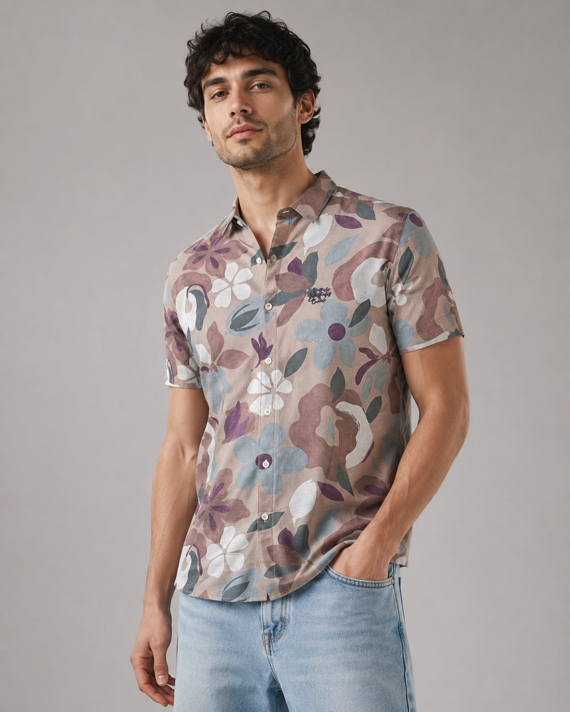 Taupe Floral Cotton Shirt