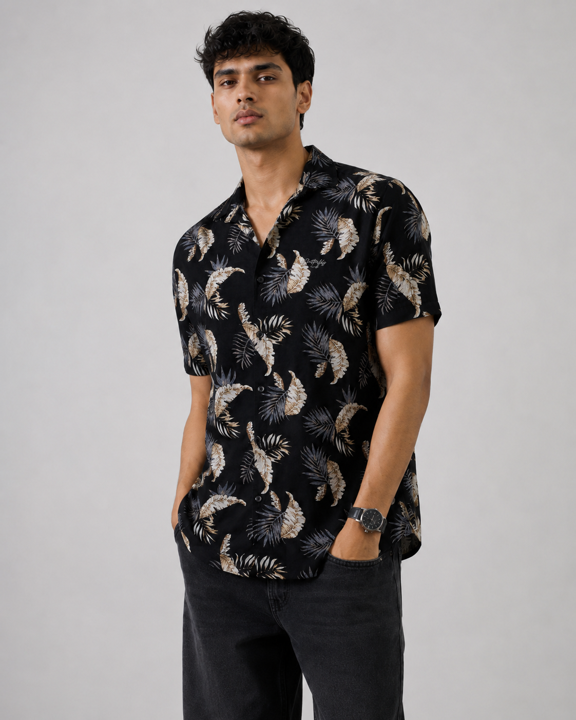 Tropical Leaf Print Cotton Shirt