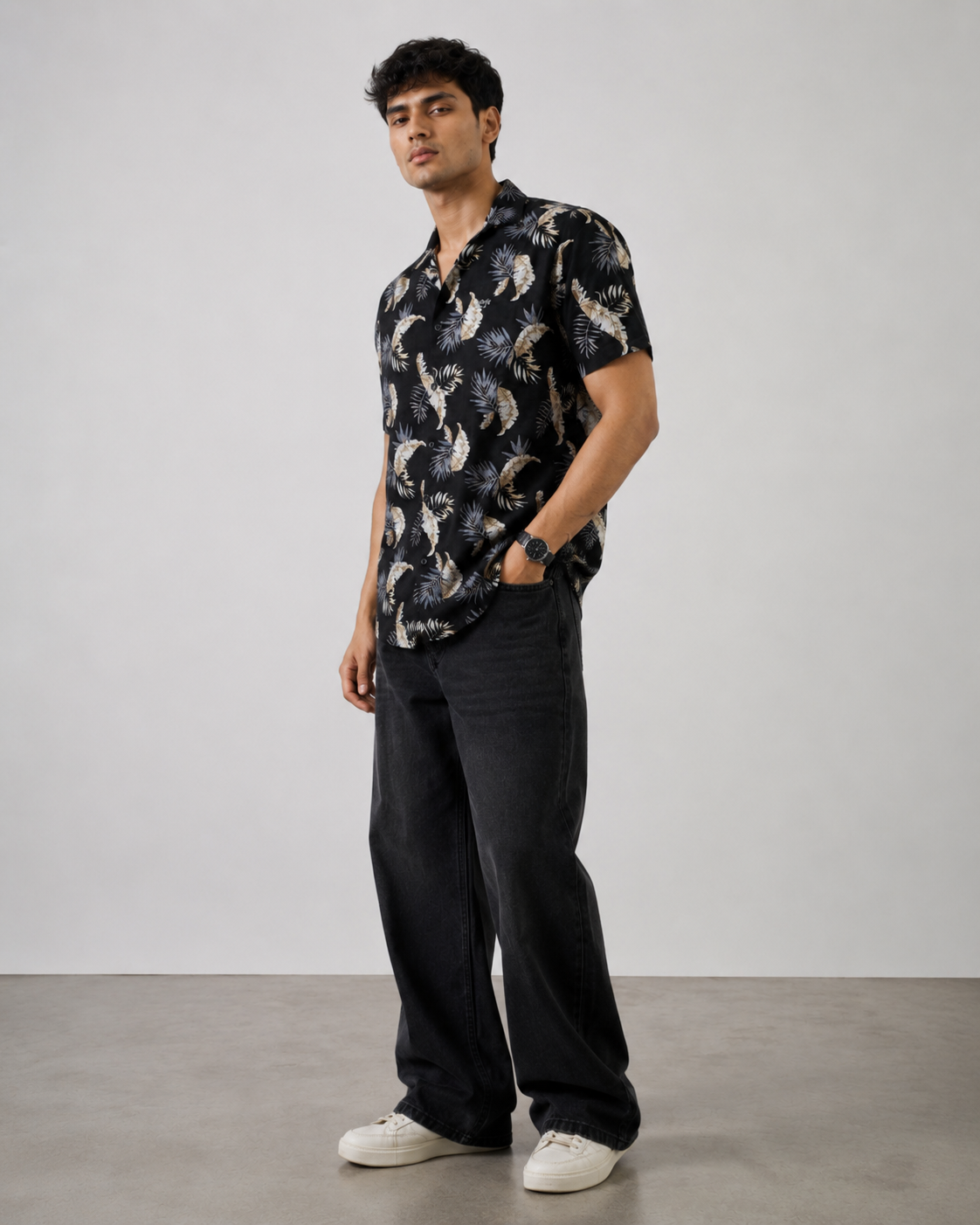 Tropical Leaf Print Cotton Shirt