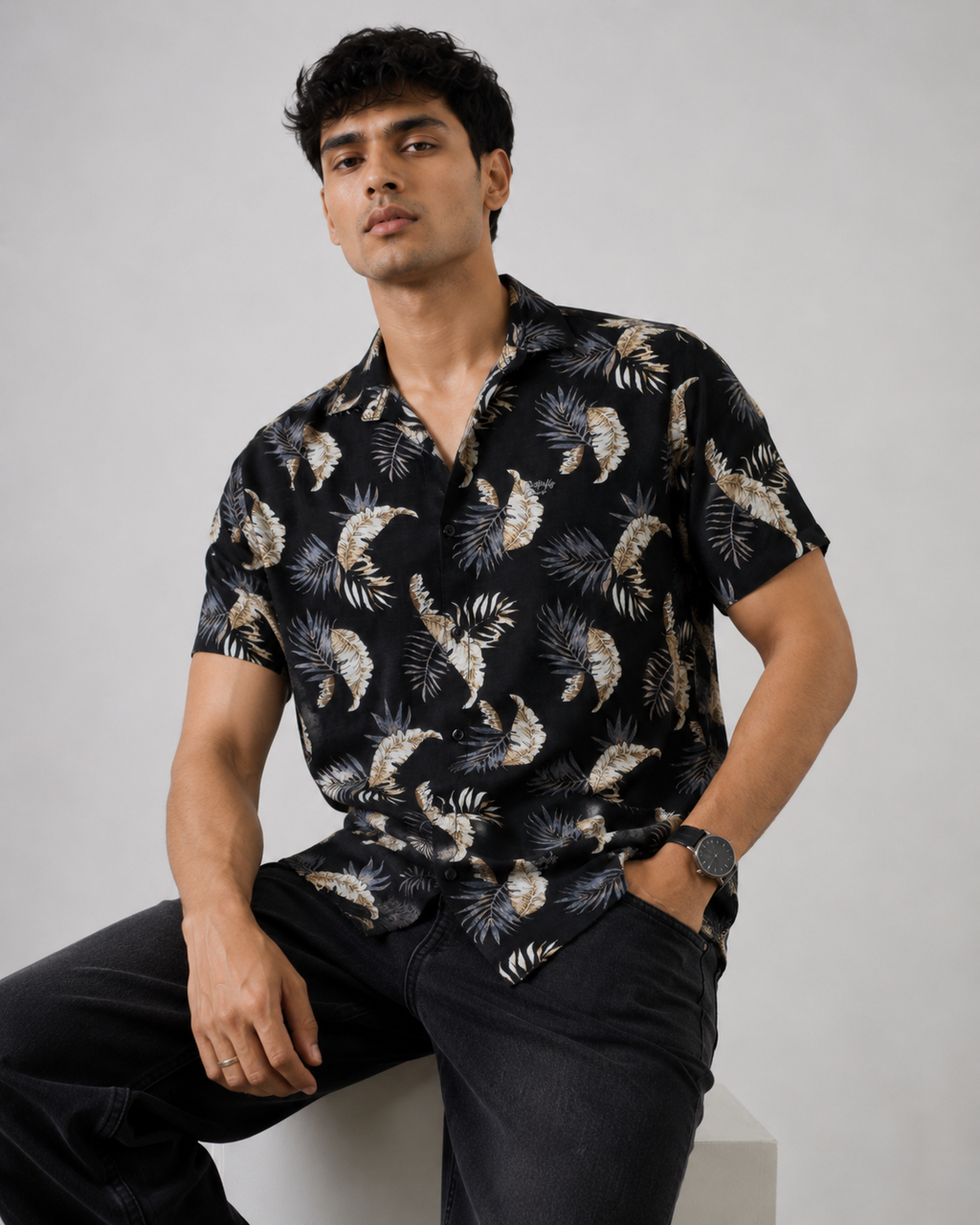 Tropical Leaf Print Cotton Shirt