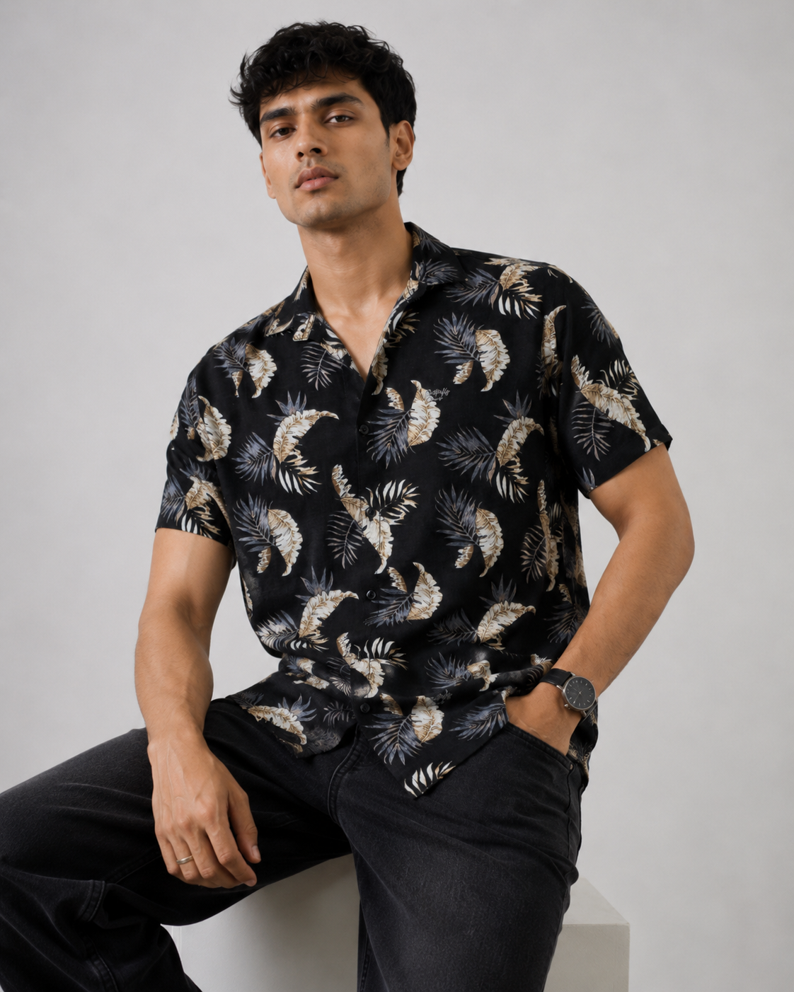Tropical Leaf Print Cotton Shirt
