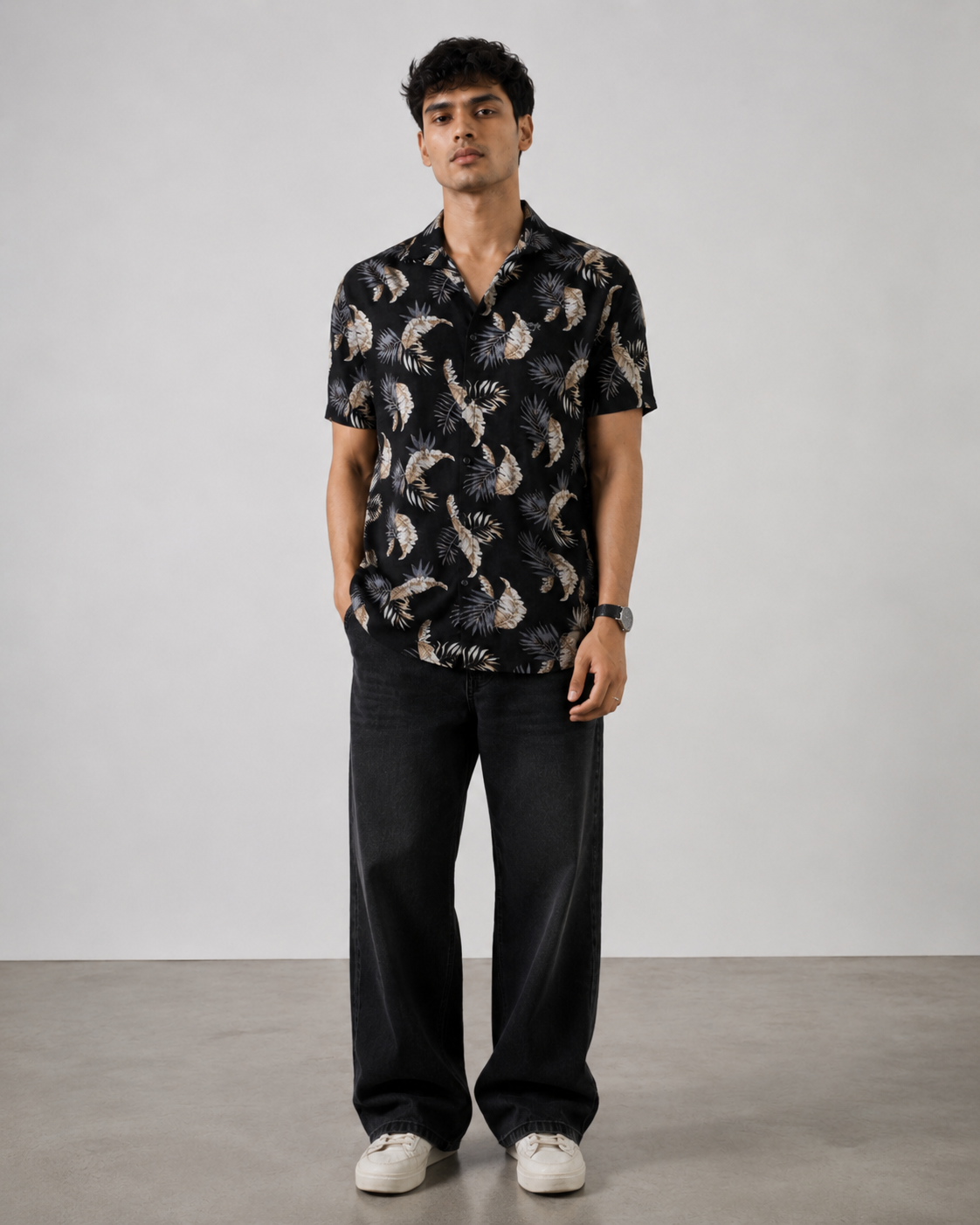 Tropical Leaf Print Cotton Shirt