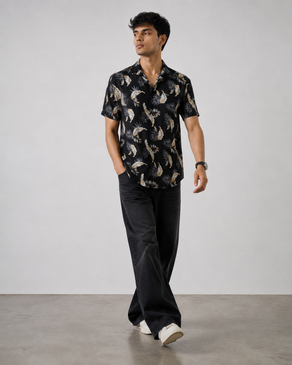 Tropical Leaf Print Cotton Shirt