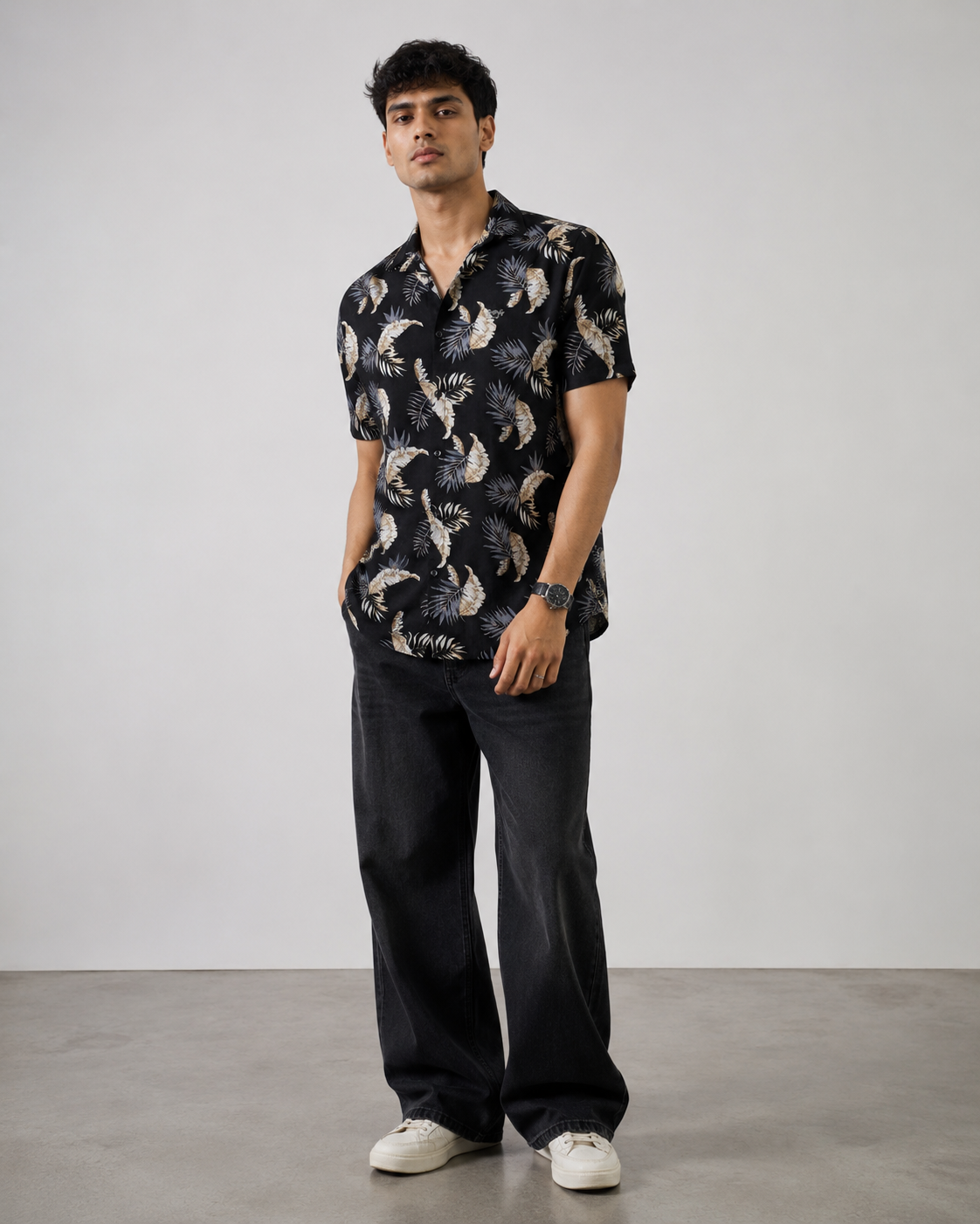 Tropical Leaf Print Cotton Shirt