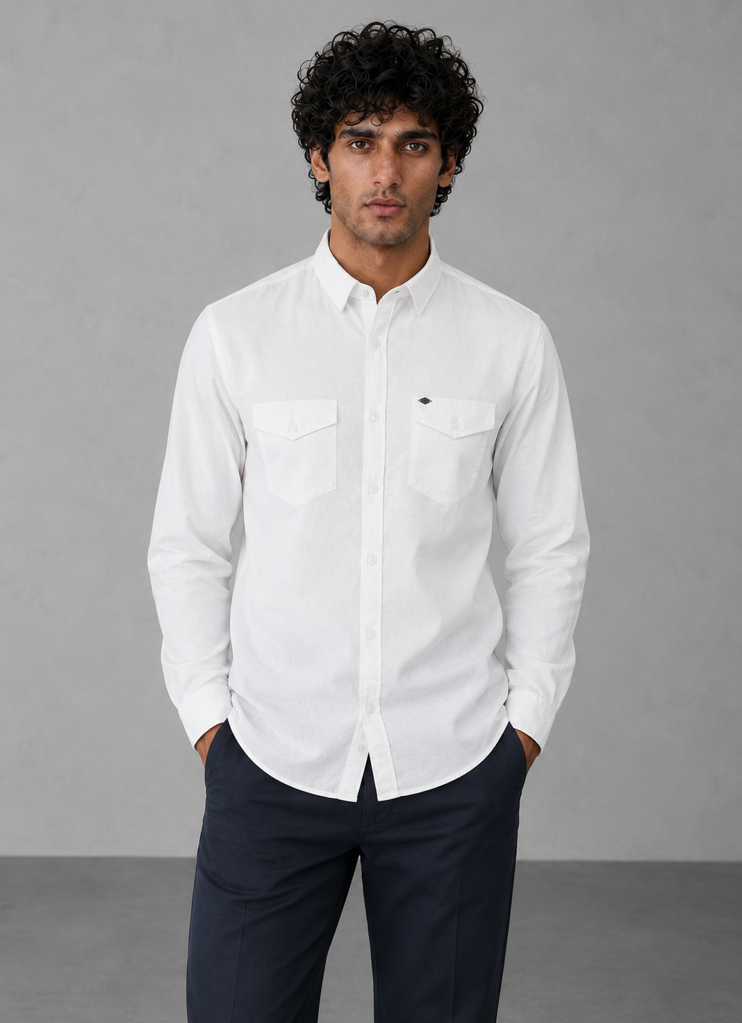 White Cotton Dual Pockets Linen Shirt