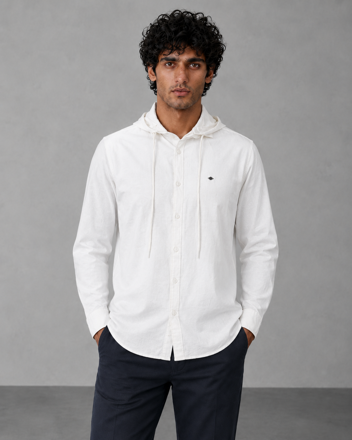 White Cotton Linen Hooded Shirt