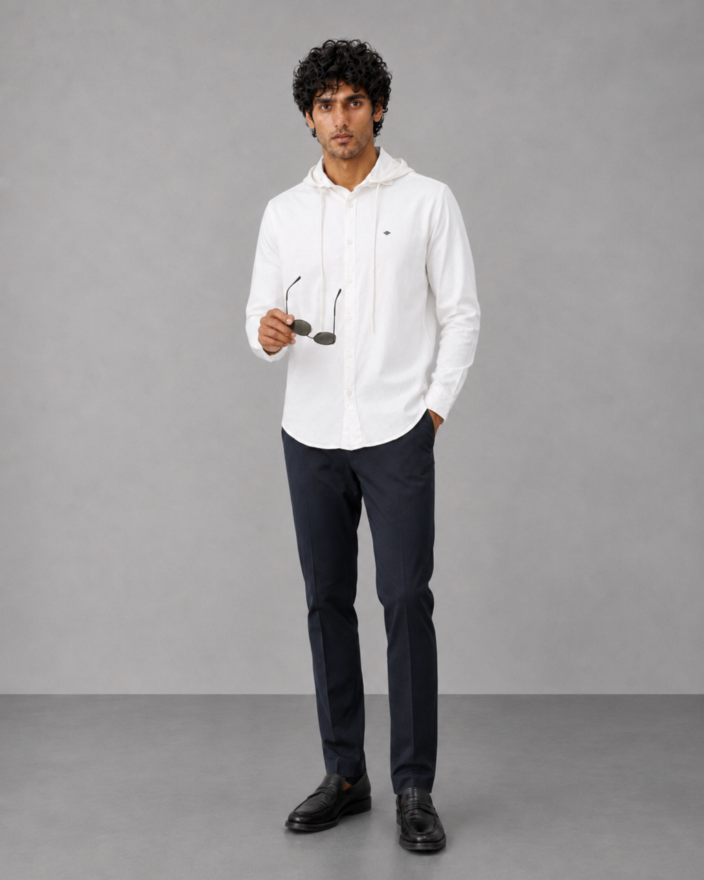 White Cotton Linen Hooded Shirt