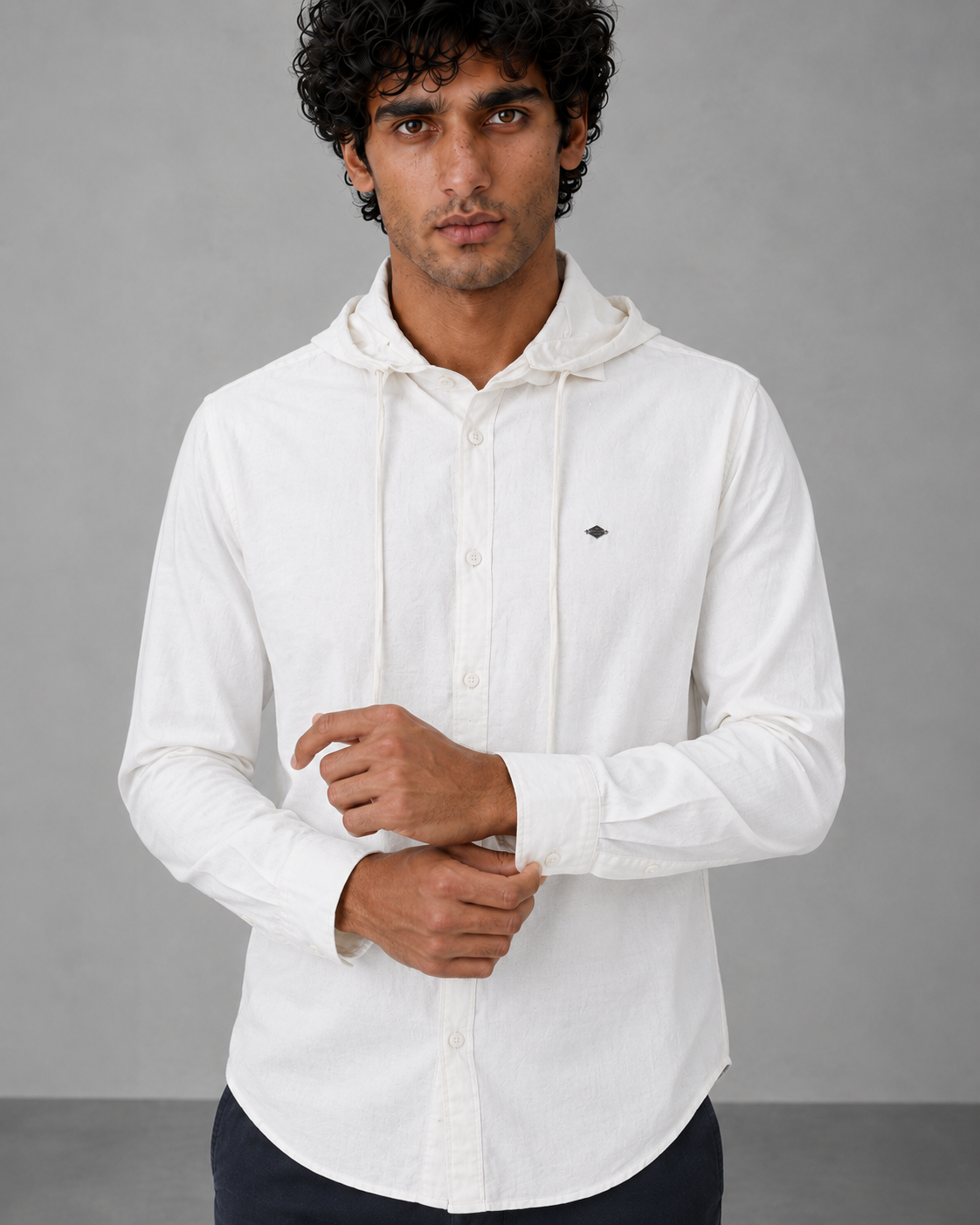 White Cotton Linen Hooded Shirt