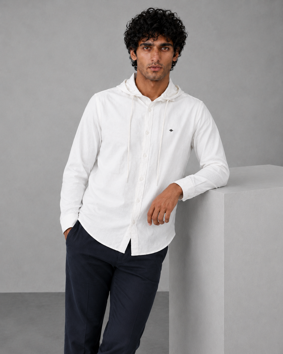 White Cotton Linen Hooded Shirt