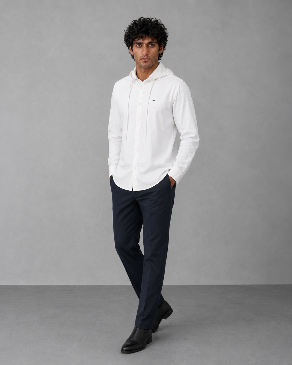 White Cotton Linen Hooded Shirt