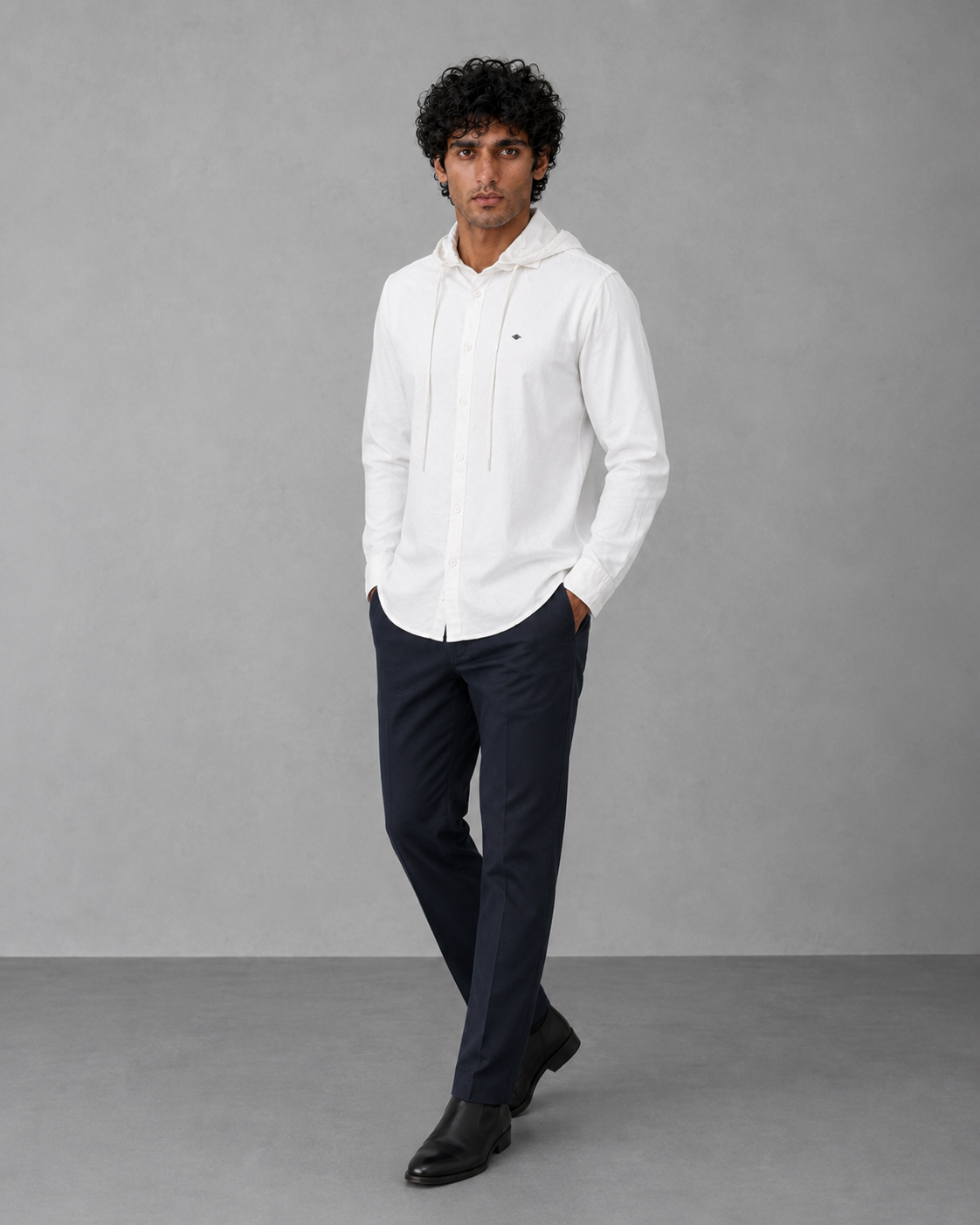 White Cotton Linen Hooded Shirt