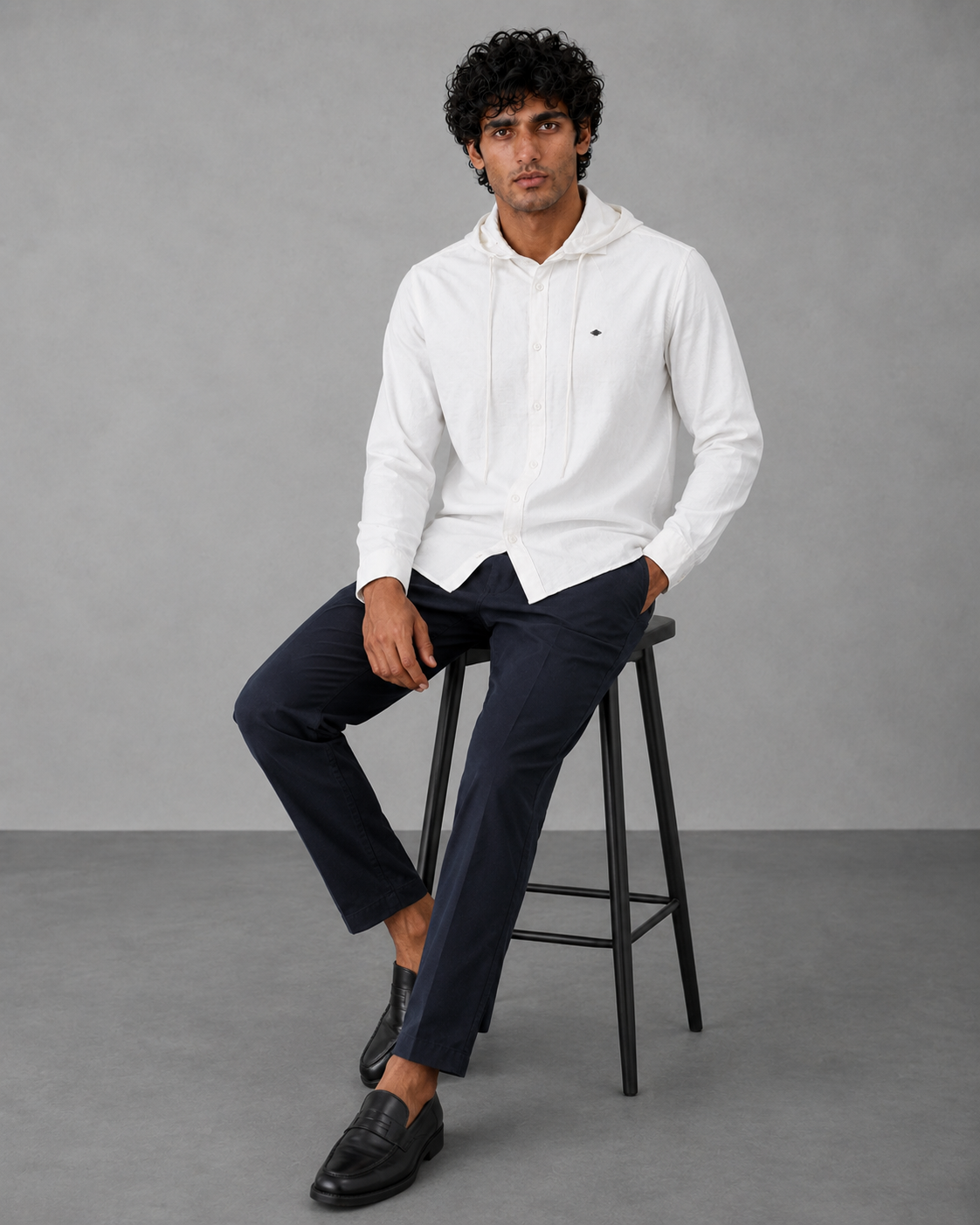 White Cotton Linen Hooded Shirt