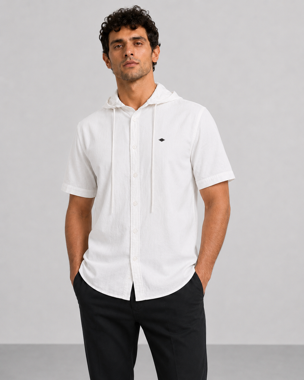 White Cotton Linen Hooded Shirt – Half Sleeve