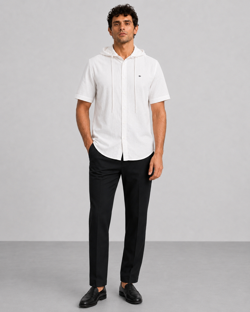 White Cotton Linen Hooded Shirt – Half Sleeve