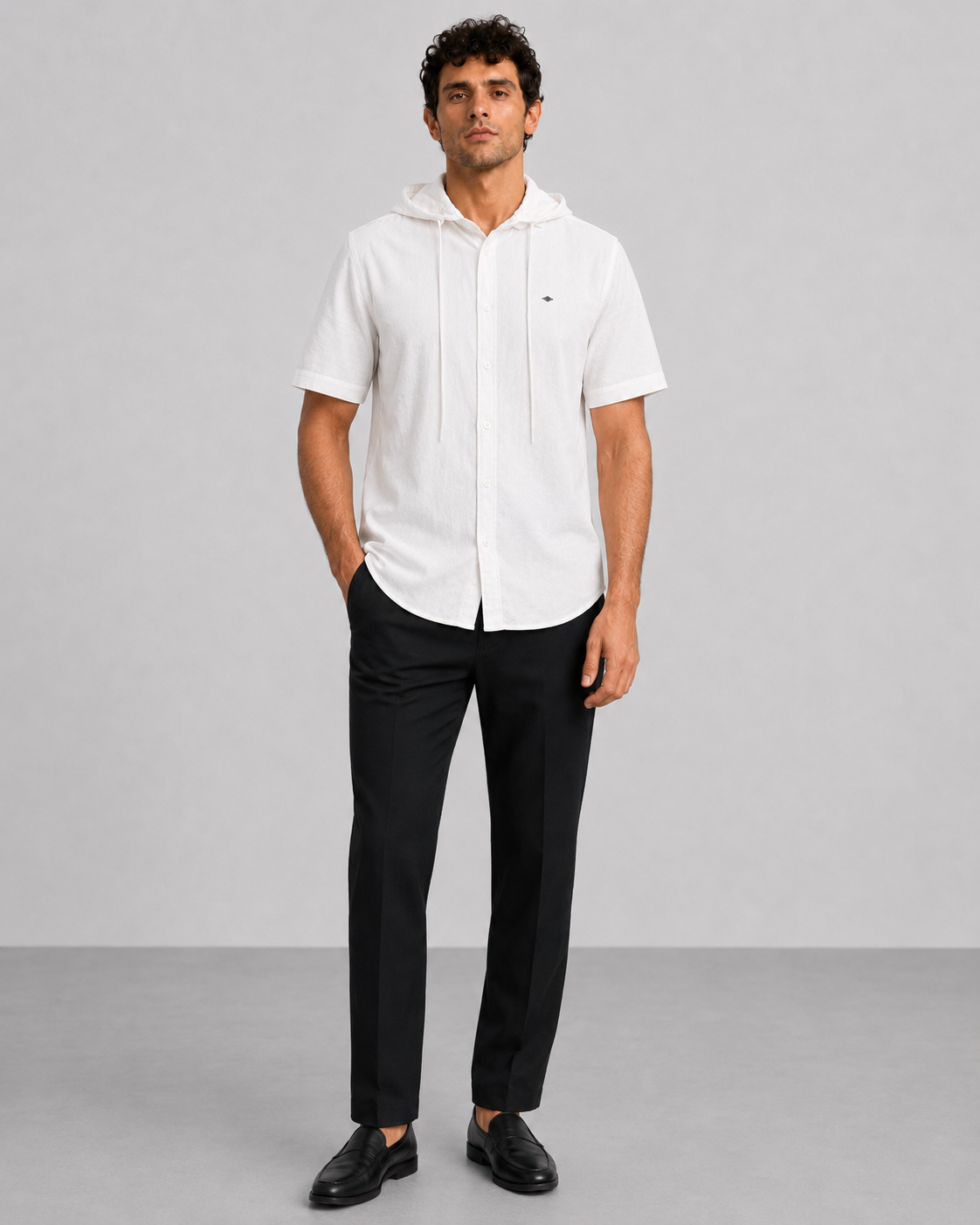 White Cotton Linen Hooded Shirt – Half Sleeve