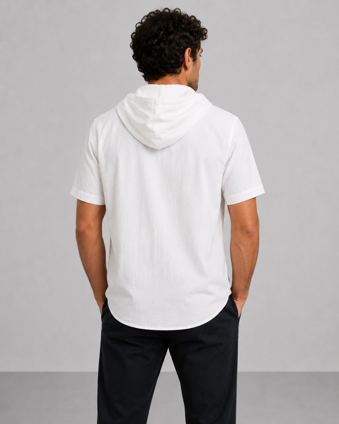 White Cotton Linen Hooded Shirt – Half Sleeve