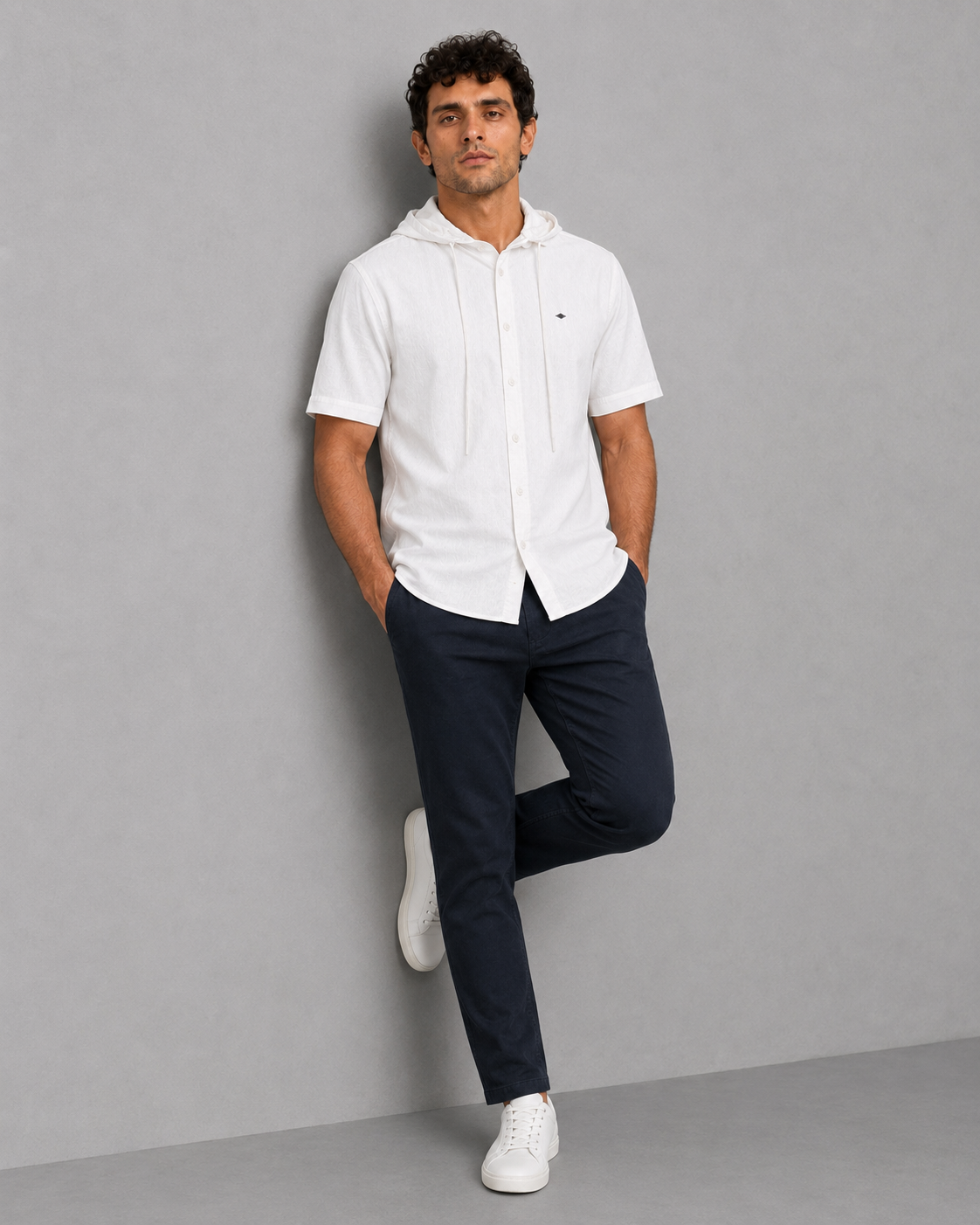 White Cotton Linen Hooded Shirt – Half Sleeve