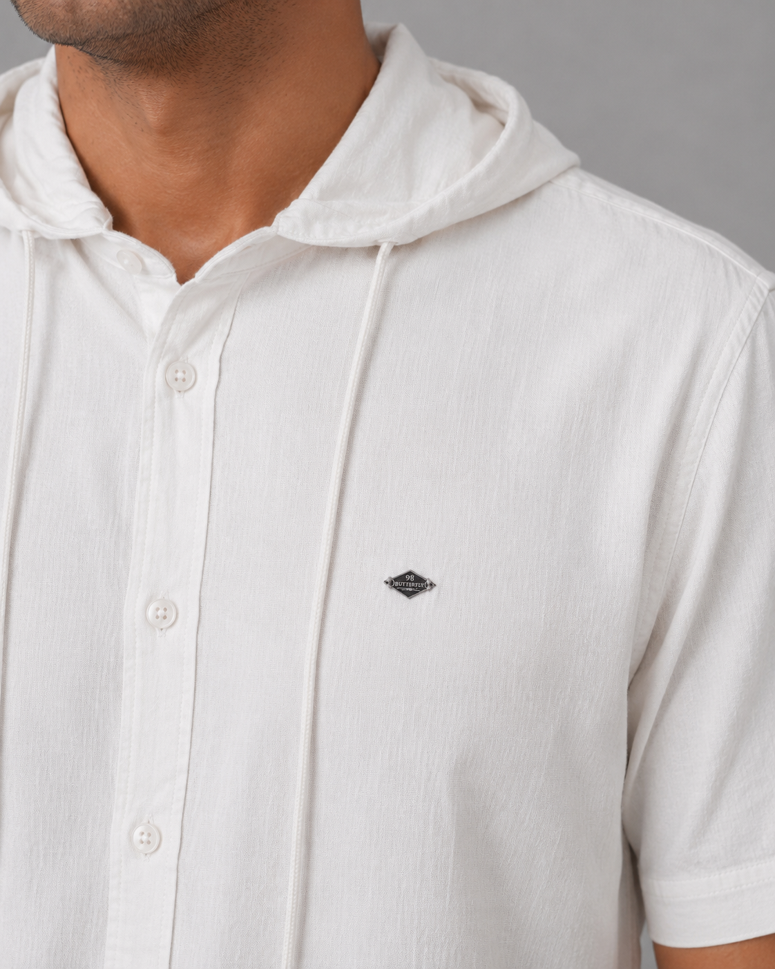 White Cotton Linen Hooded Shirt – Half Sleeve