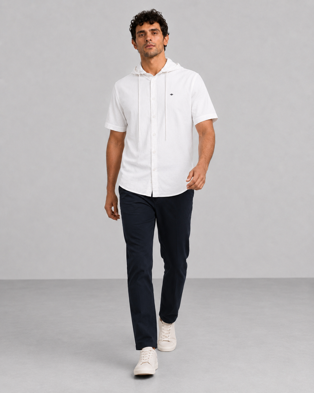 White Cotton Linen Hooded Shirt – Half Sleeve