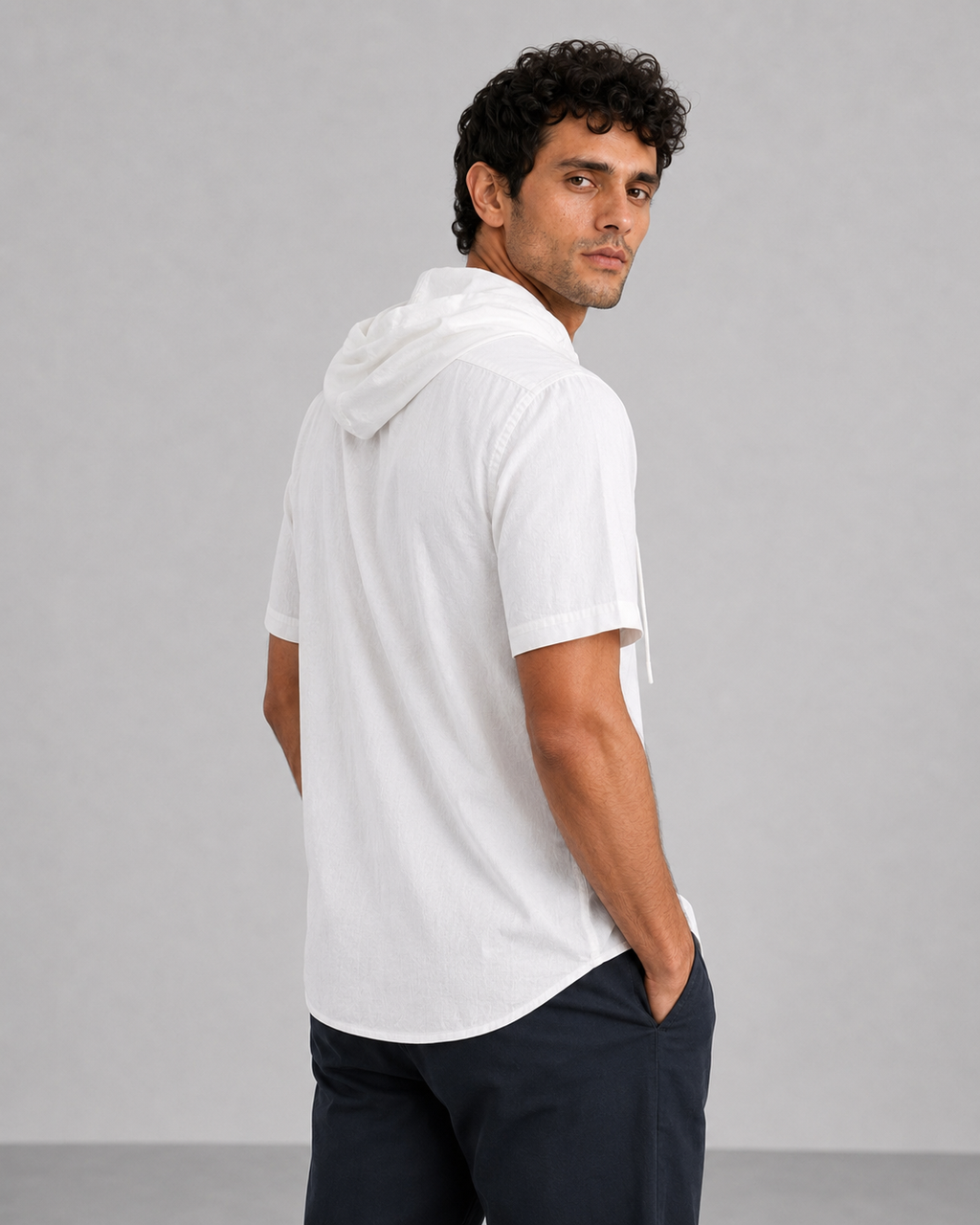 White Cotton Linen Hooded Shirt – Half Sleeve