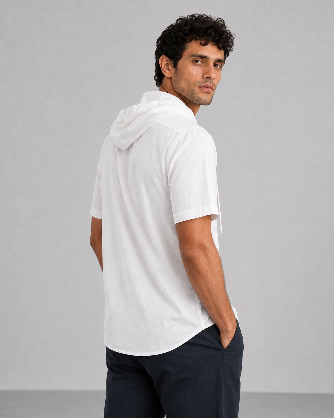 White Cotton Linen Hooded Shirt – Half Sleeve