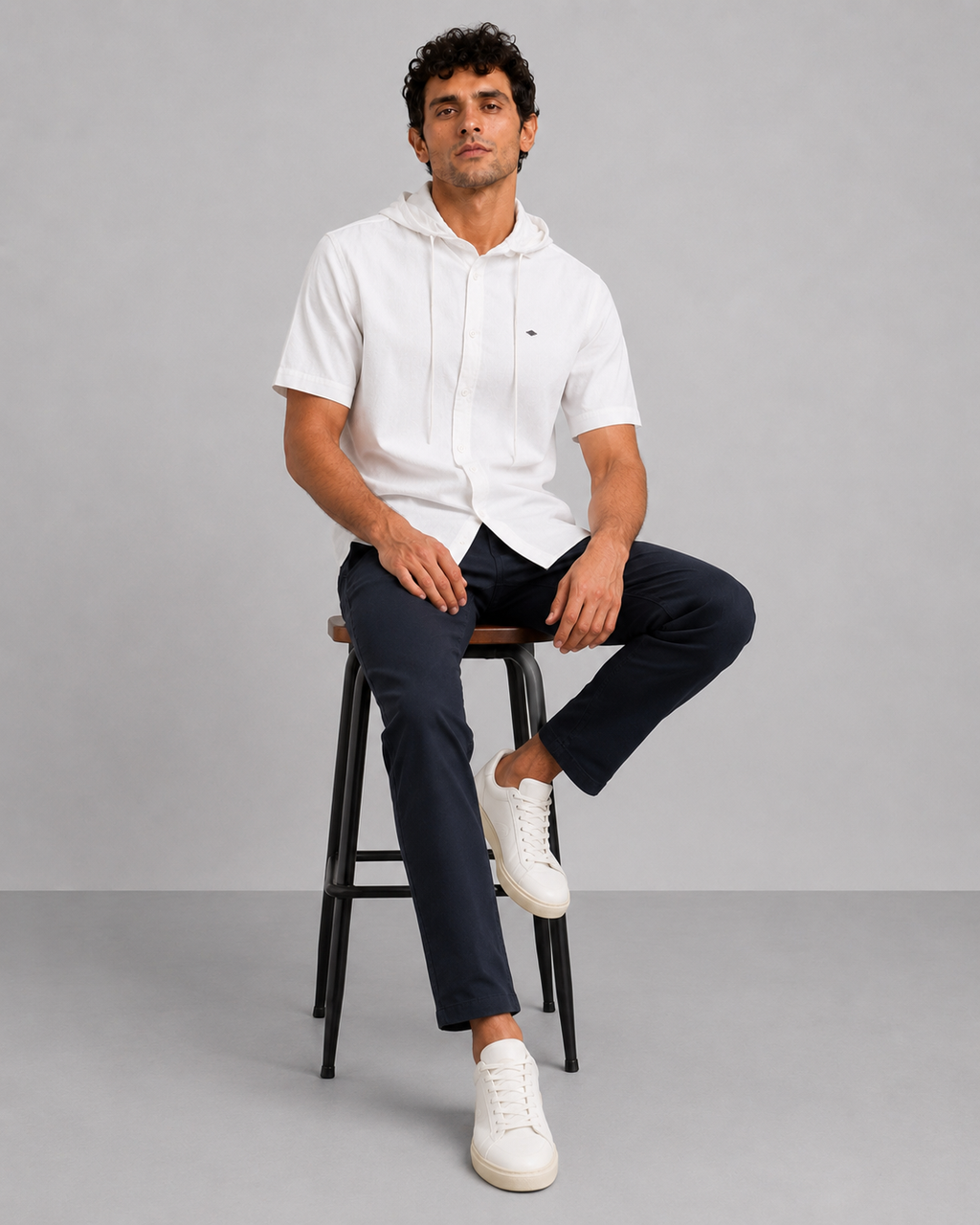 White Cotton Linen Hooded Shirt – Half Sleeve