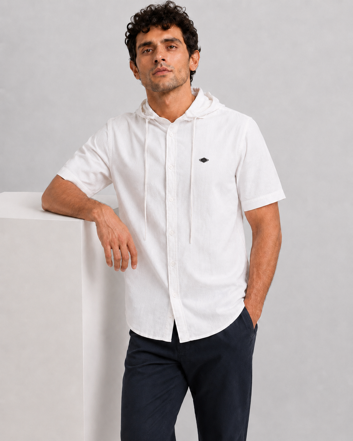 White Cotton Linen Hooded Shirt – Half Sleeve