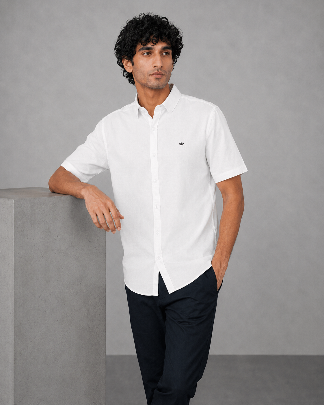 White Cotton Linen Plain Shirt – Half Sleeve
