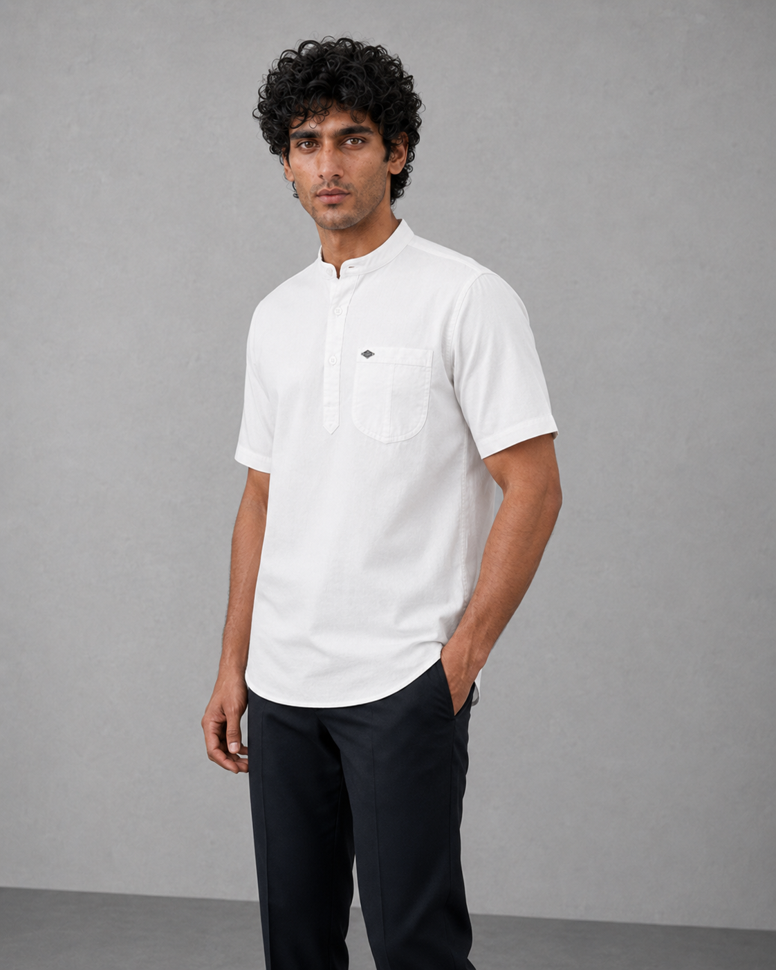 White Cotton Linen Short Kurta – Half Sleeve