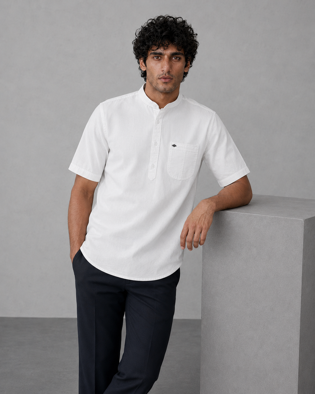 White Cotton Linen Short Kurta – Half Sleeve