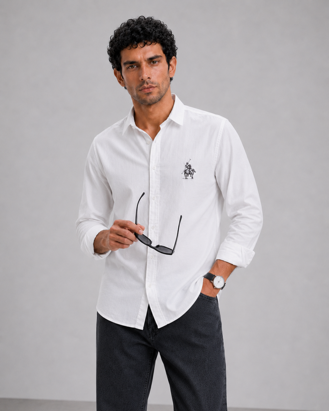 White Polo Detail Cotton Shirt