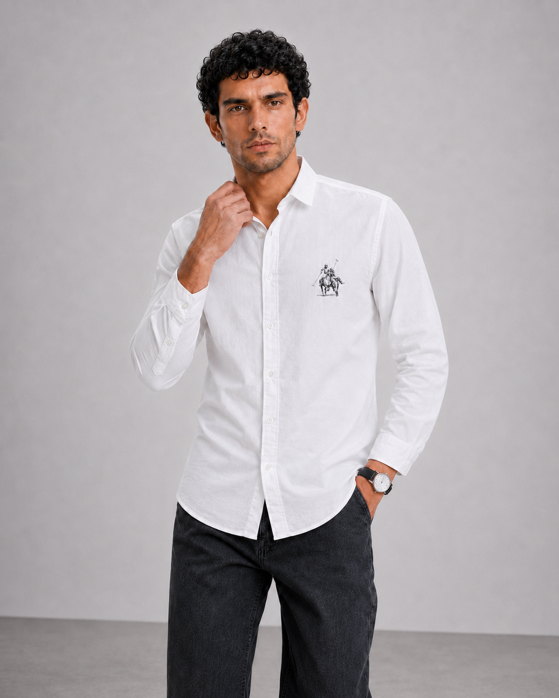 White Polo Detail Cotton Shirt