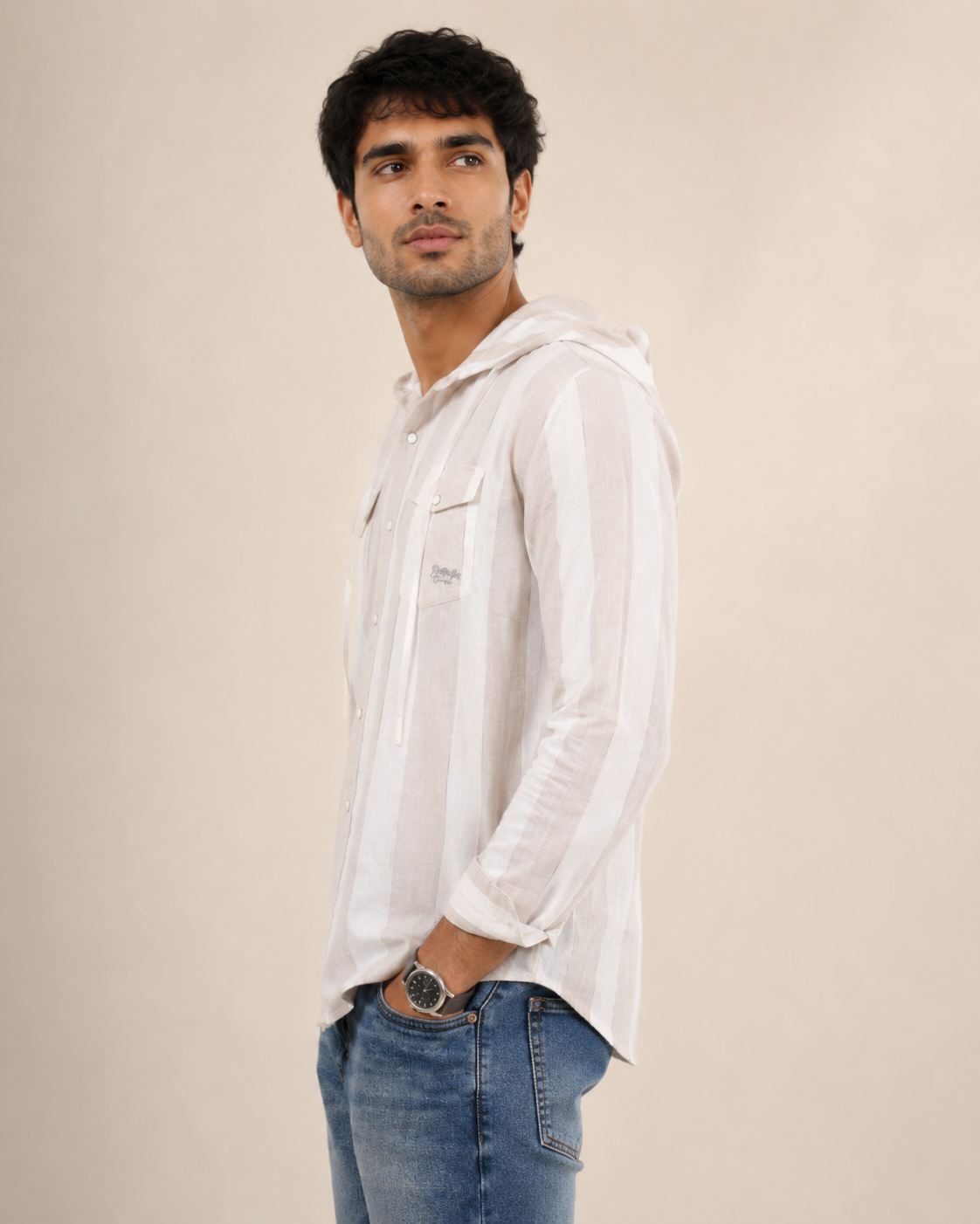 White Stripe Hooded Cotton Shirt