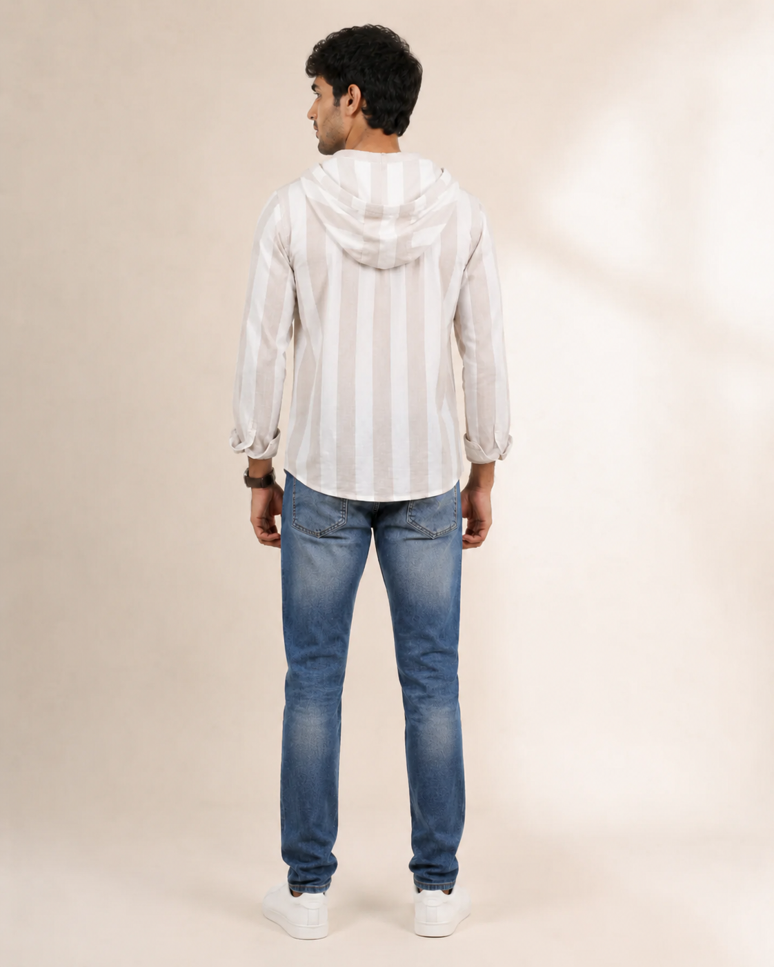 White Stripe Hooded Cotton Shirt
