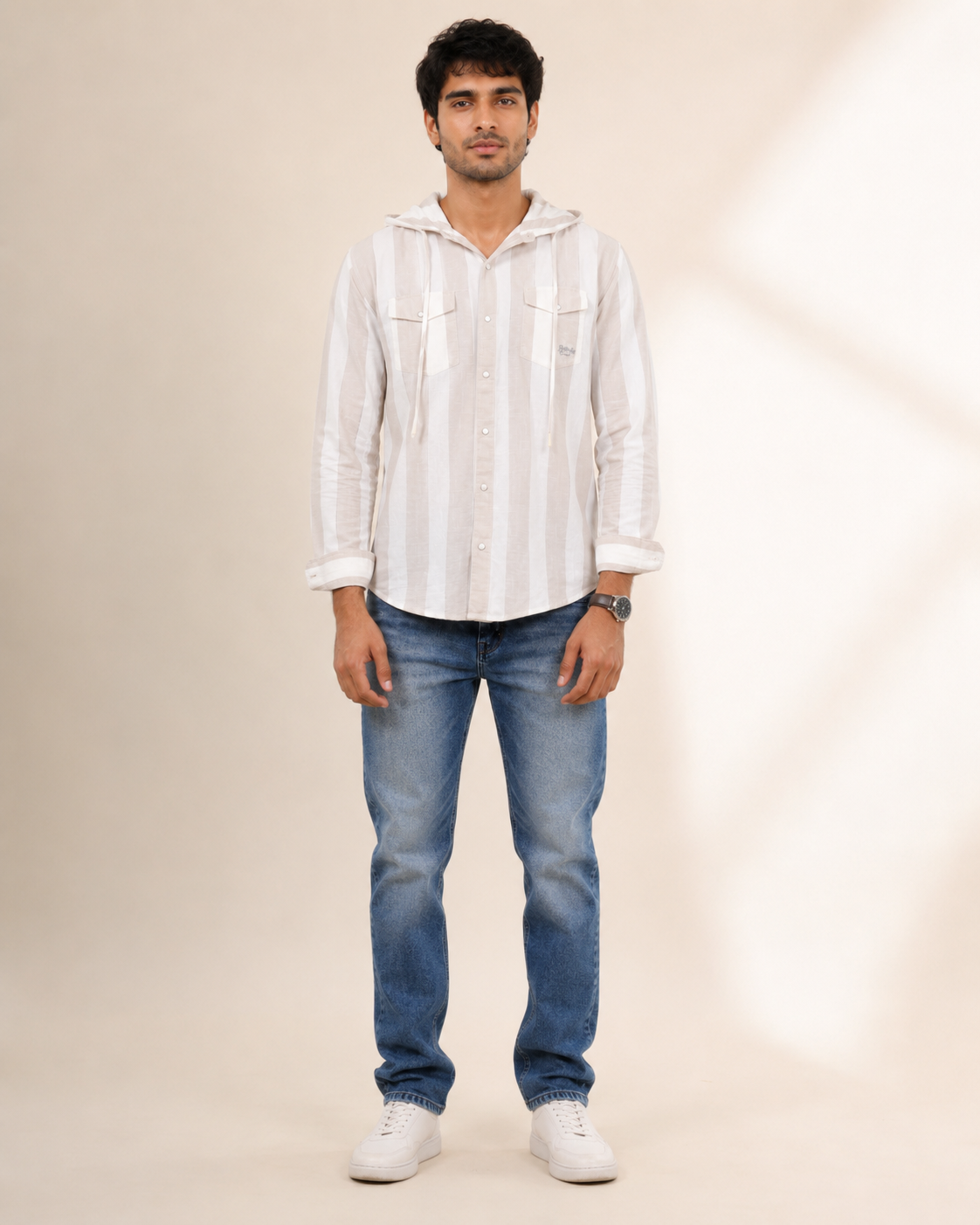White Stripe Hooded Cotton Shirt