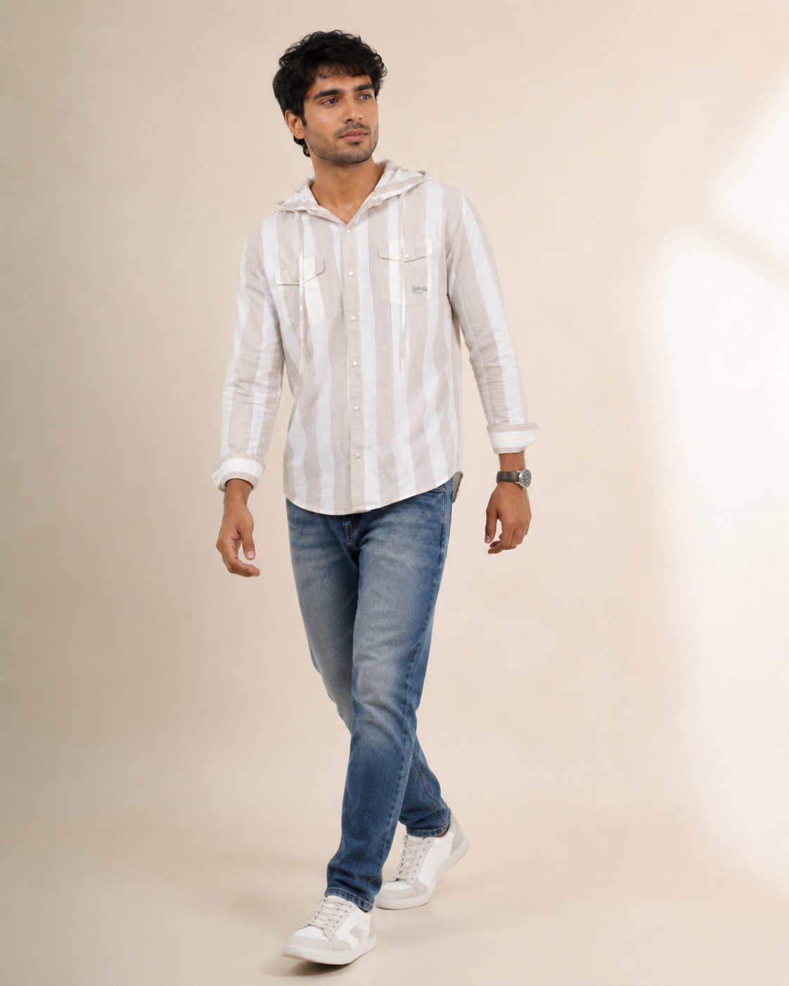 White Stripe Hooded Cotton Shirt