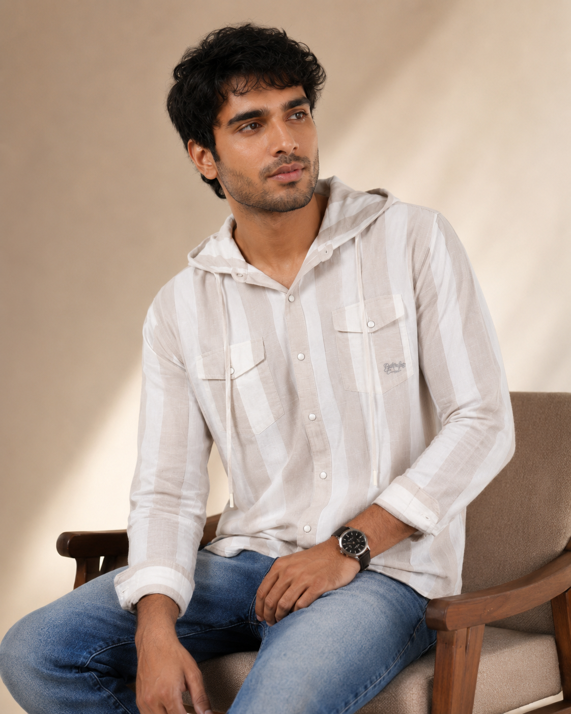 White Stripe Hooded Cotton Shirt