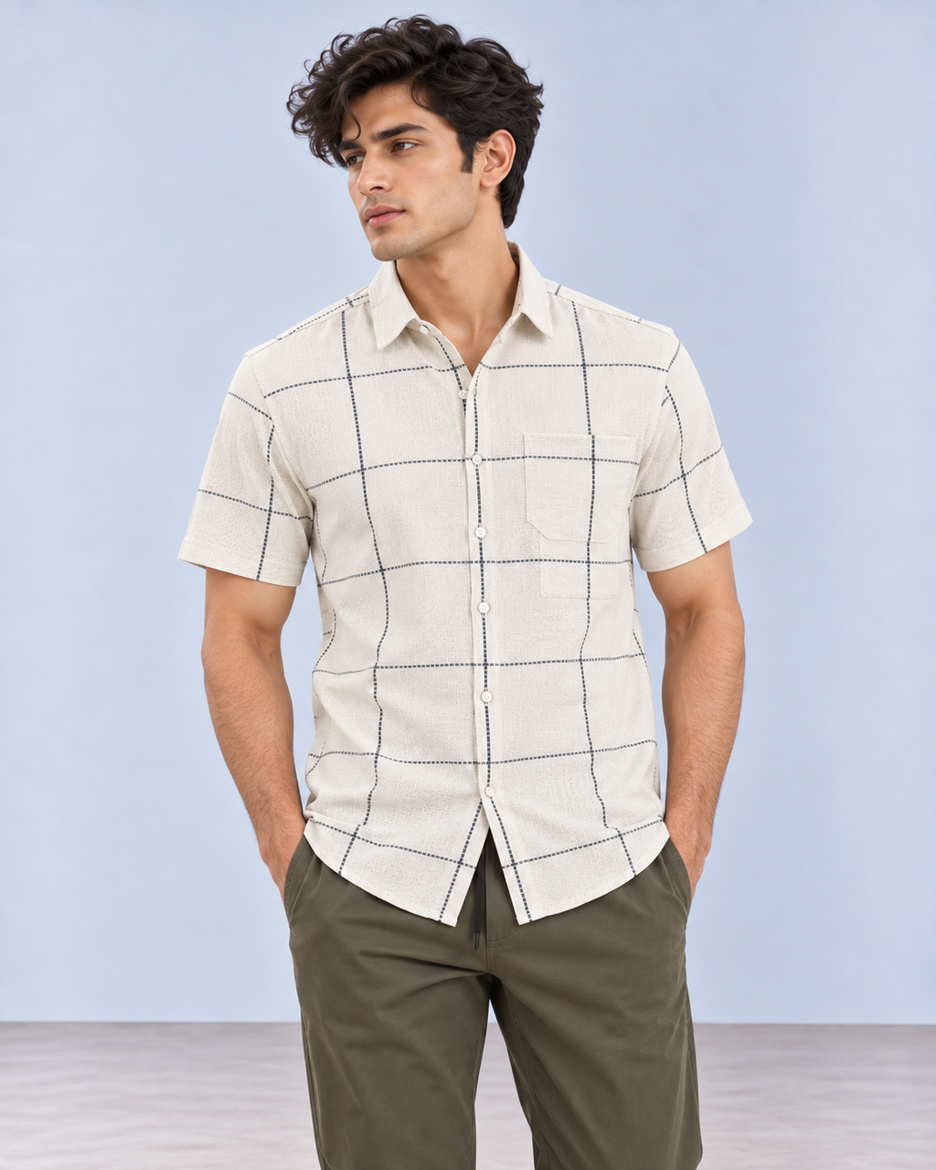 Cream Olive Check Pure Khadi Shirt