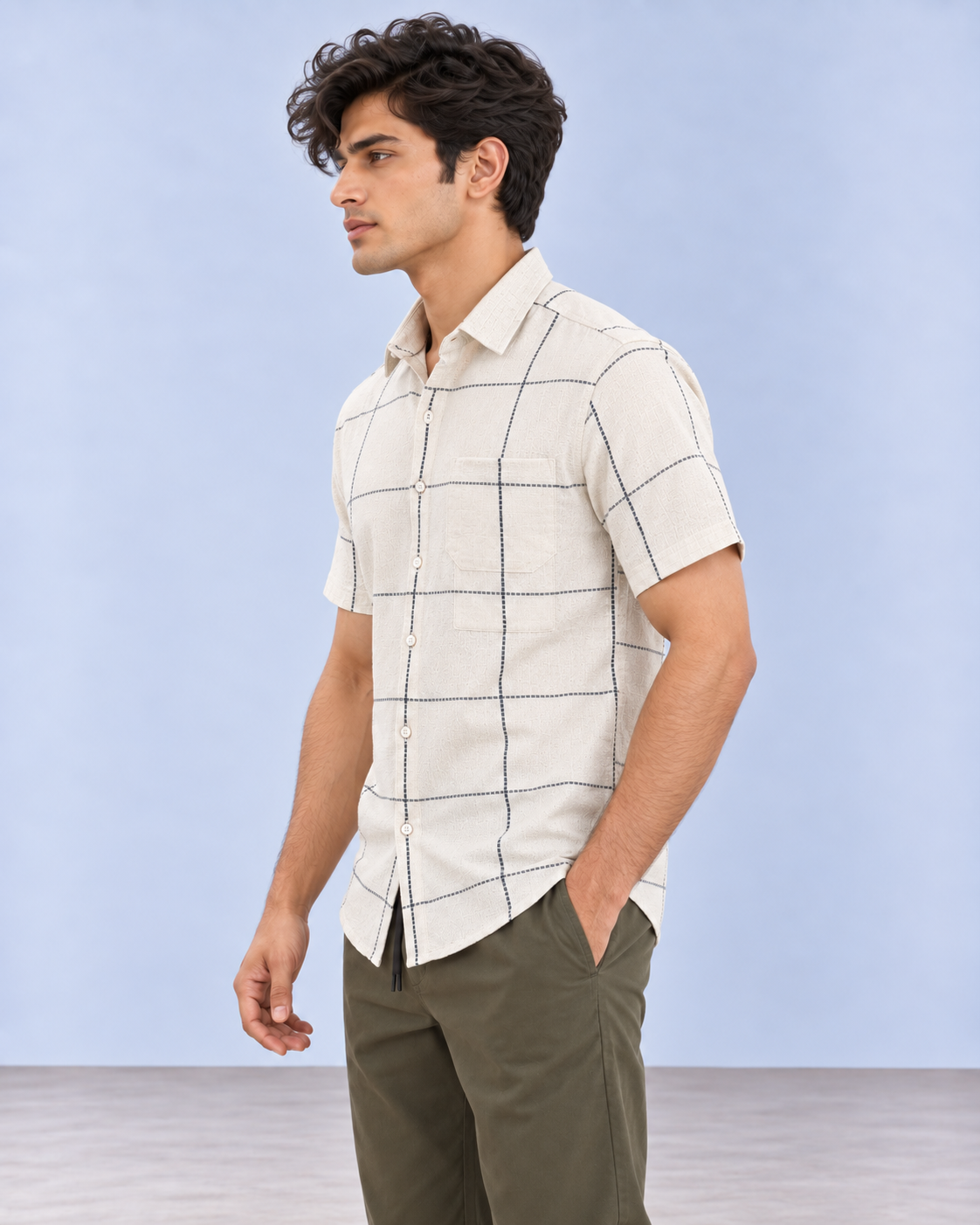 Cream Olive Check Pure Khadi Shirt