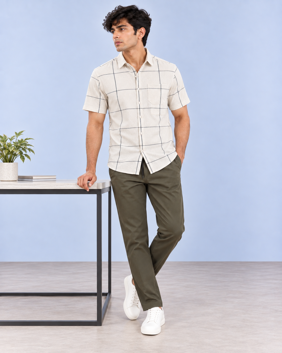 Cream Olive Check Pure Khadi Shirt