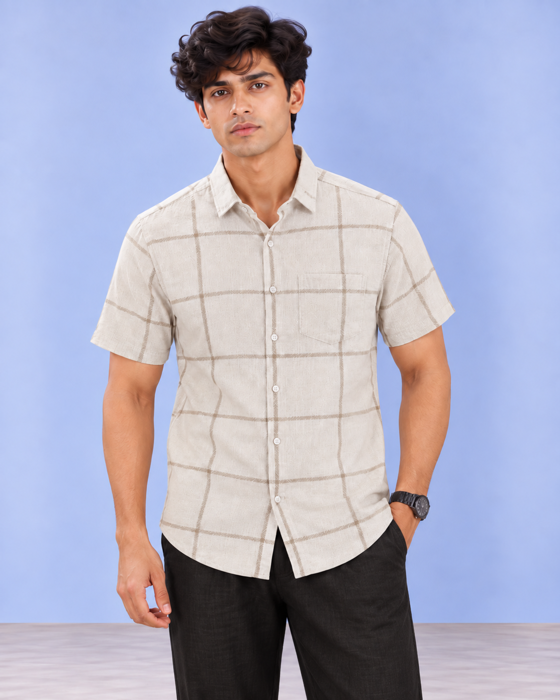 Cream Windowpane Khadi Shirt
