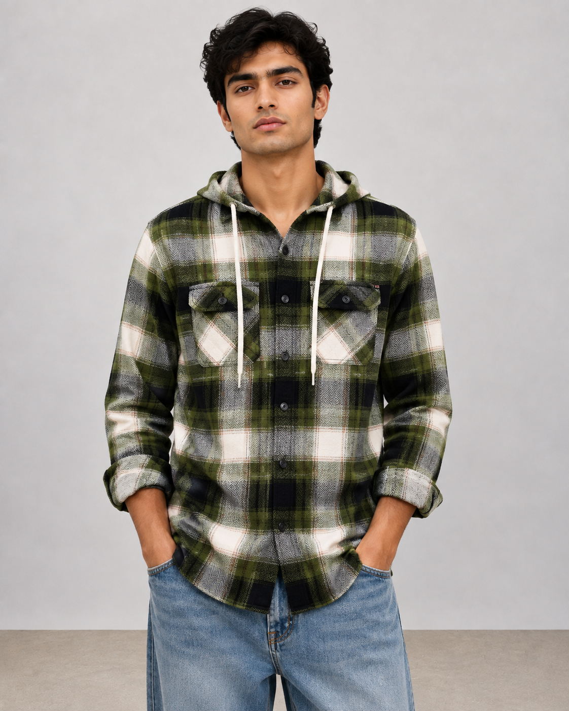 Olive Plaid Hooded Shirt