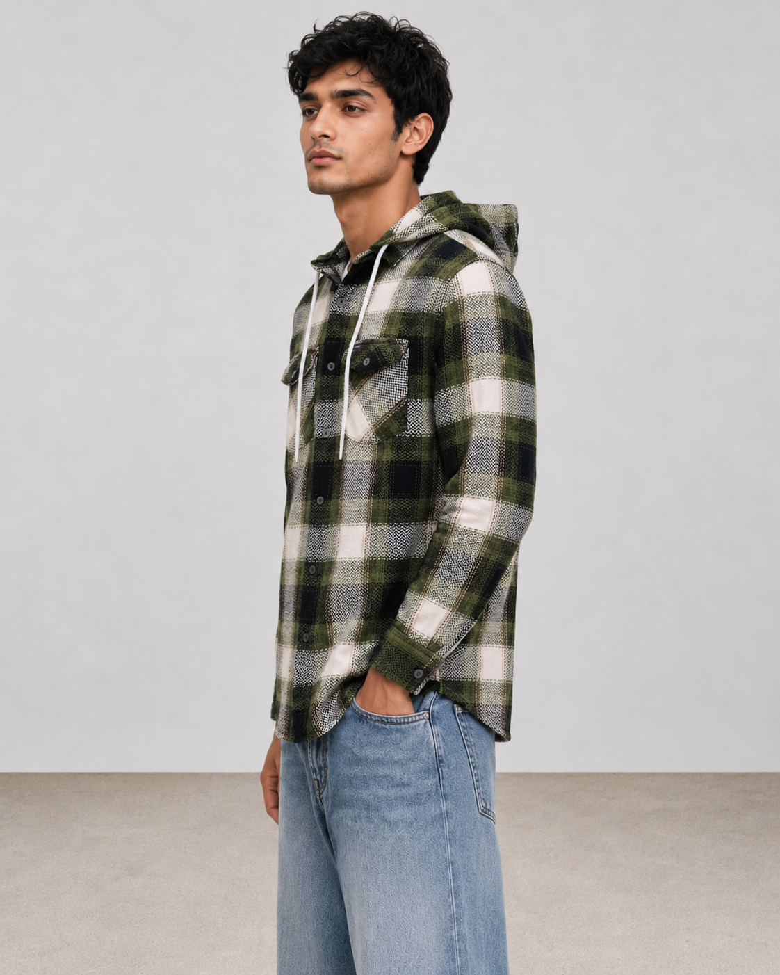 Olive Plaid Hooded Shirt