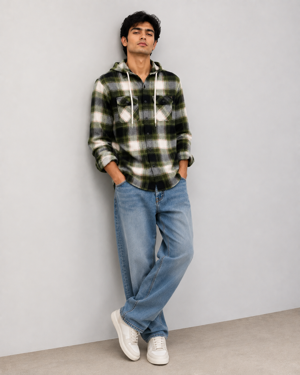 Olive Plaid Hooded Shirt