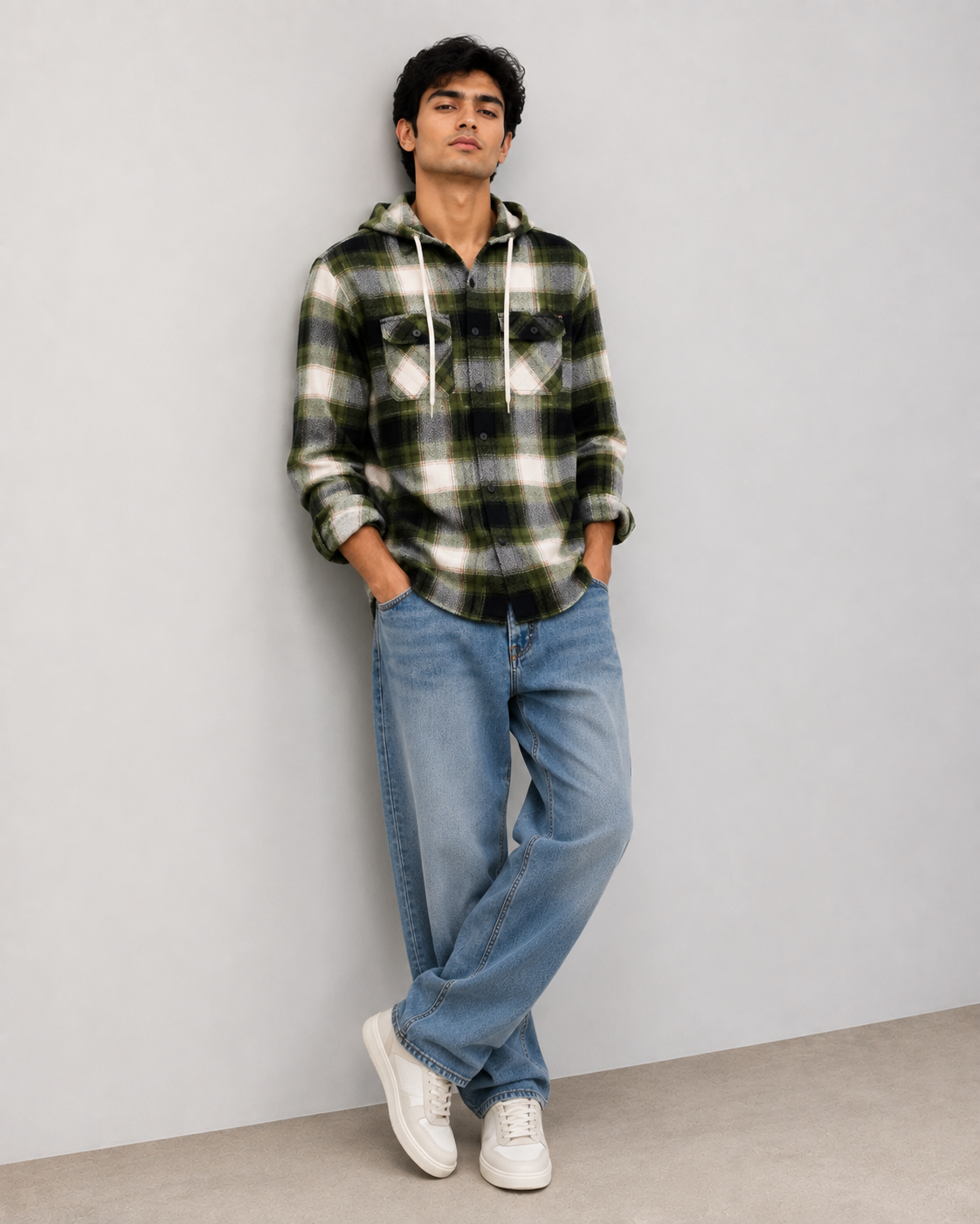 Olive Plaid Hooded Shirt