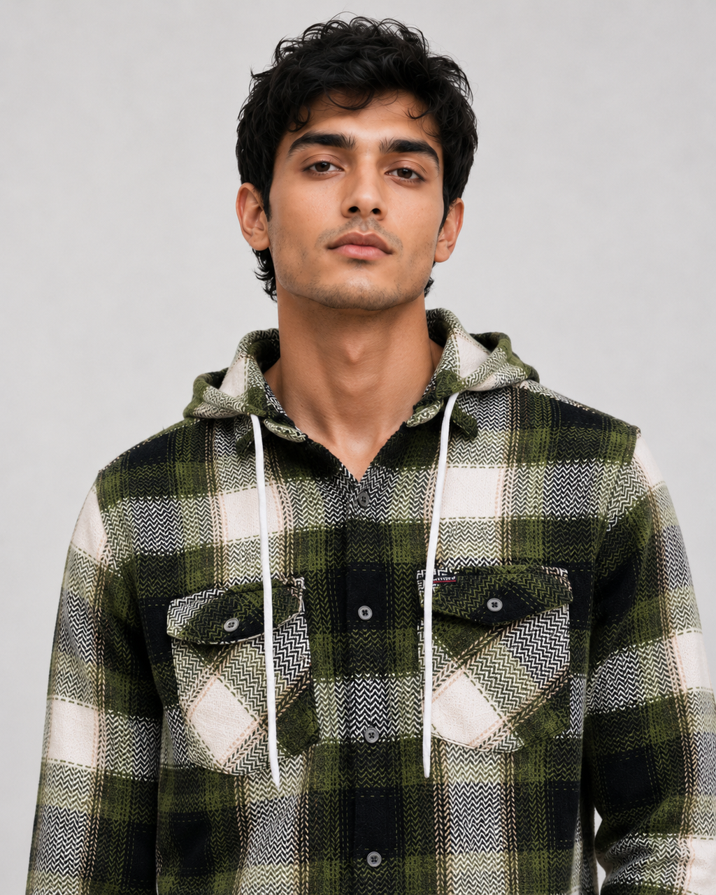 Olive Plaid Hooded Shirt